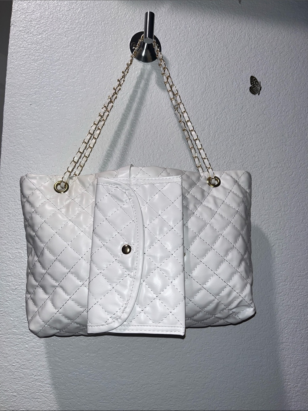 Quilted White Chain-Handle Tote Bag with Front Snap Pocket